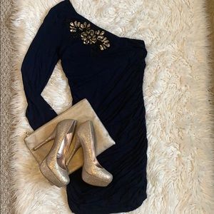 One sleeve dark navy dress